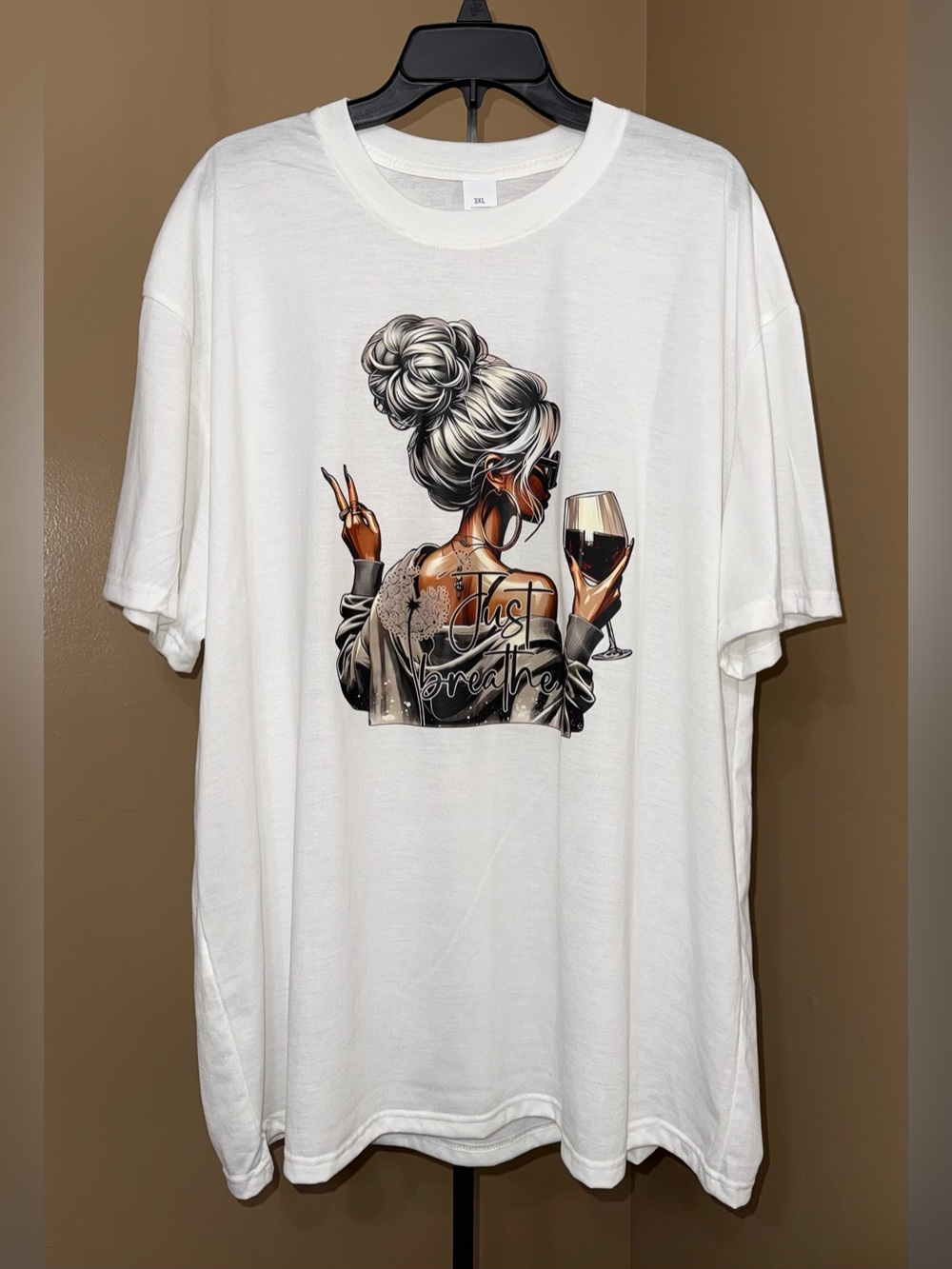 NEW White Graphic Tee "Just Breathe" - Woman with Wine. Size XXL.